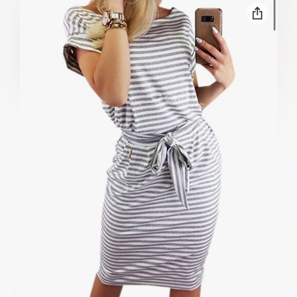 Women's Striped Elegant Short Sleeve Wear to Work Casual Pencil Dress with Belt